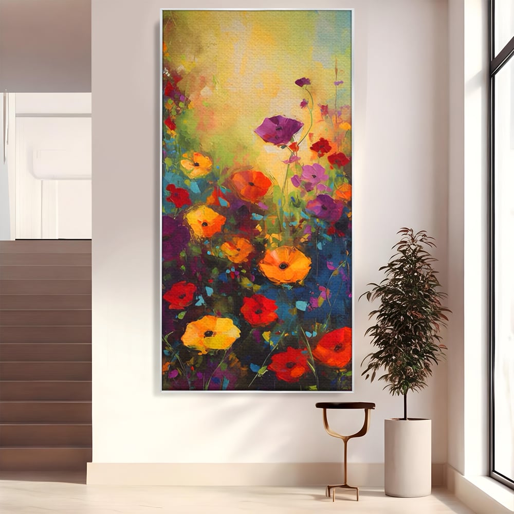 Tablou canvas cu pictura camp cu flori colorate, in rama de aluminiu argintiu
